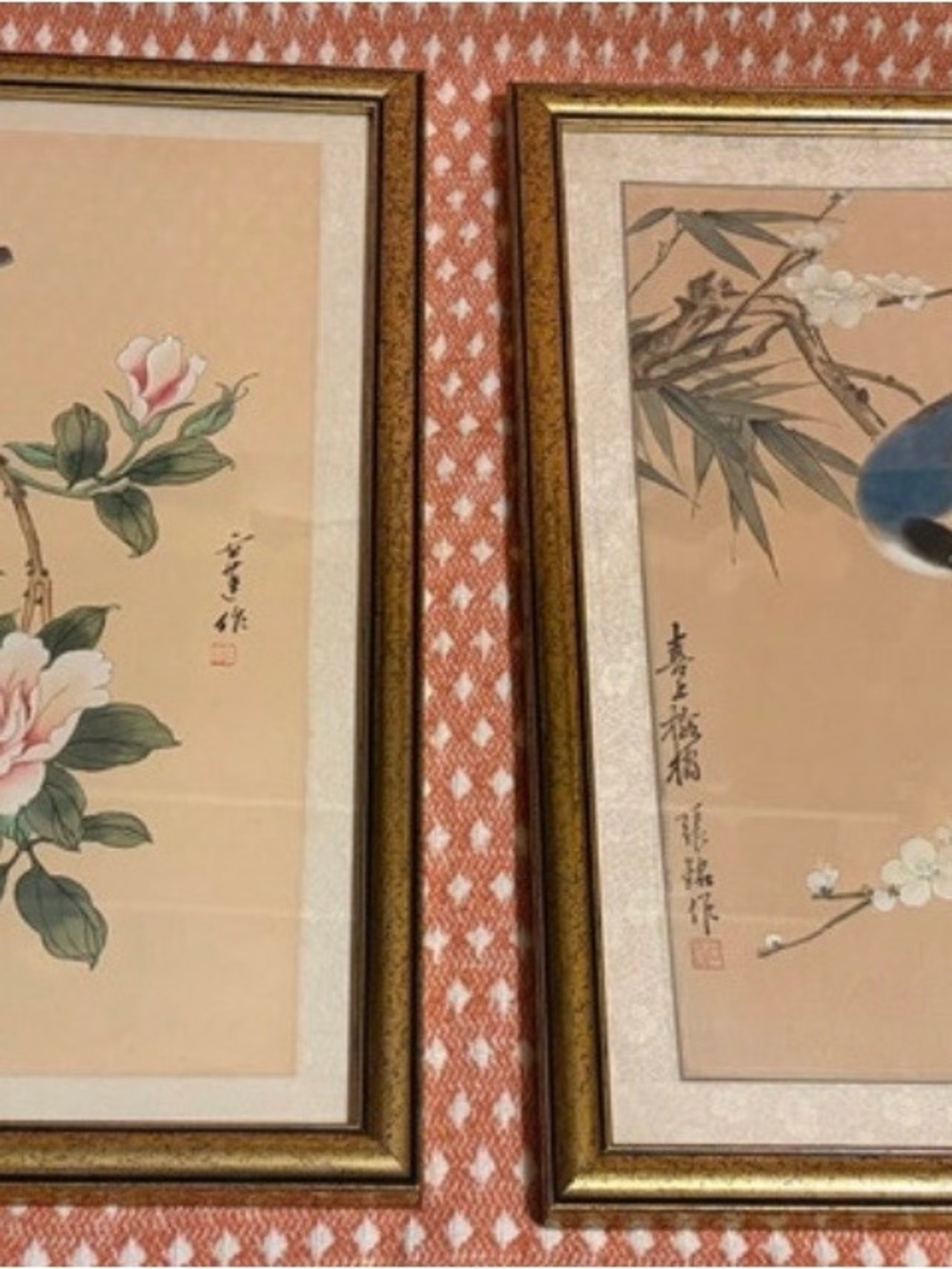 Pair of Vintage Asian Watercolor on Silk Wall Hangings